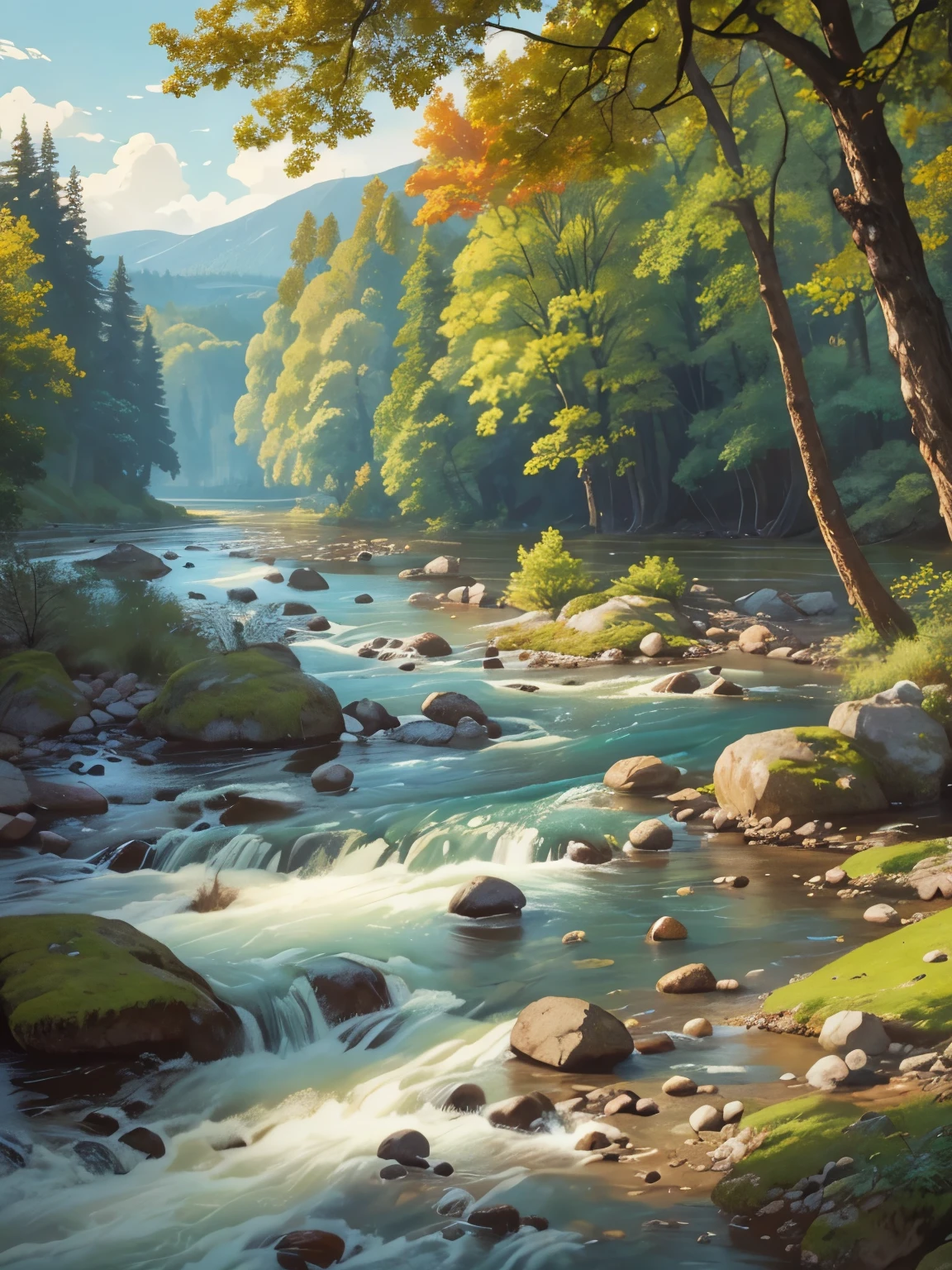 painting of a river with rocks and trees in the foreground, por Martinus Rørbye, por Adolf Hölzel, por Adolf Schrödter, by Karl Otto Götz, por Vilhelm Lundstrom, by Antón Otto Fischer, by Joseph von Führich, por Carl Eugen Keel, por Adolf Born, near a river