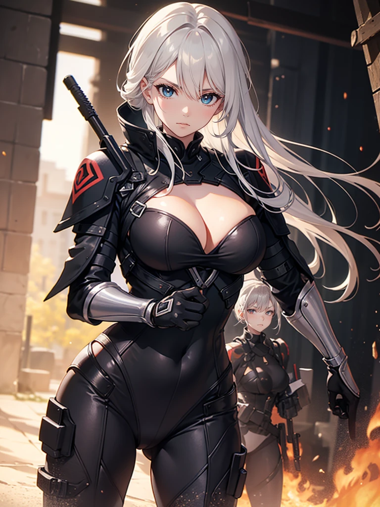 Two serious women wearing black technological dress in combat pose , uma mulher de longos cabelos negros contra uma mulher palida de cabelos brancos longos, peitos grandes, seios grandes, buceta, bunda grande, two woman vs, seios grandes gigantes, decote, agressividade
