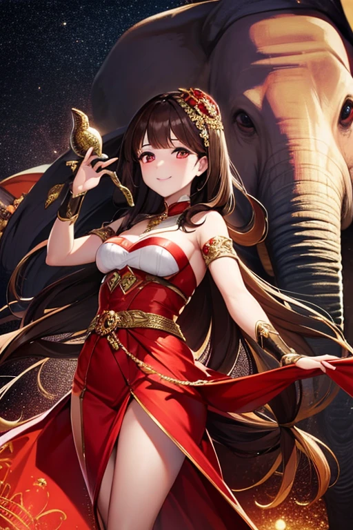 A brown haired woman with red eyes is posing in a sparkling costume next to an elephant