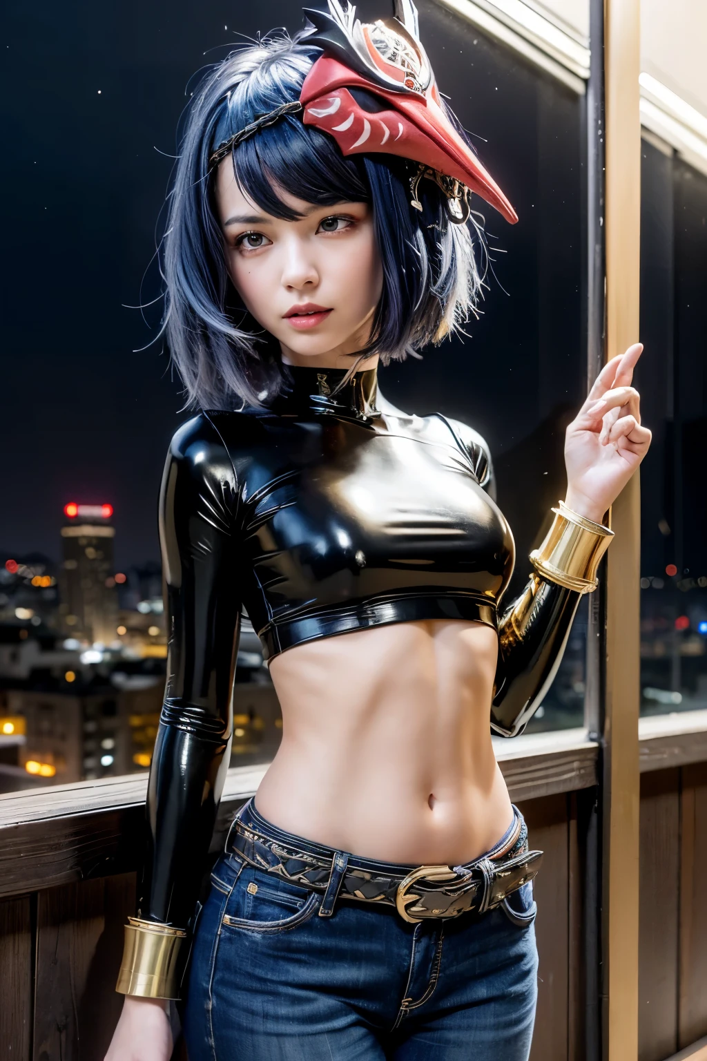 1girl, mask on head, blue hair, short hair, yellow eyes, ((black long sleeved latex top, gold trim, long blue jeans, heels)), iron belt, ((midriff, navel, upper body)), high quality, night sky, standing, boulevard, seductive smile, looking at viewer