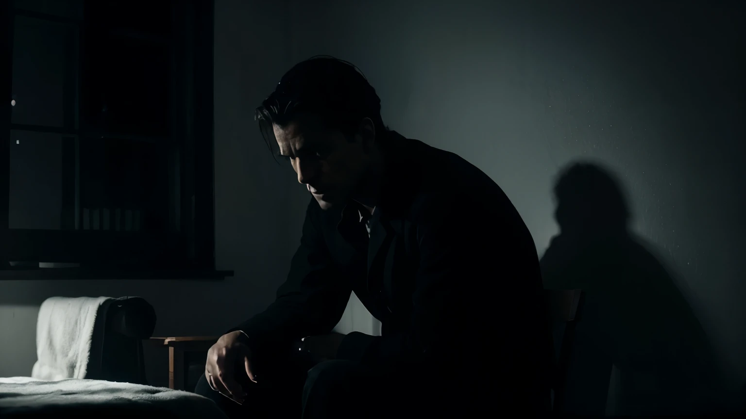 a shadowy tableau of a man watching an old black and white short film, while ominous shadows cast around him.
