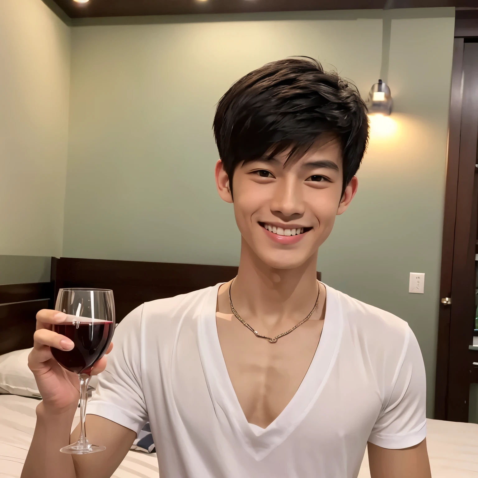 A asian boy with cute and handsome face, he is good looking, he has nice body and slim body type.He has flat chest and weaeing burmese longyi.His skin is sweaty and sitting on the bed.His hairstyle is trending short style.He is smiling and holding wine glass.