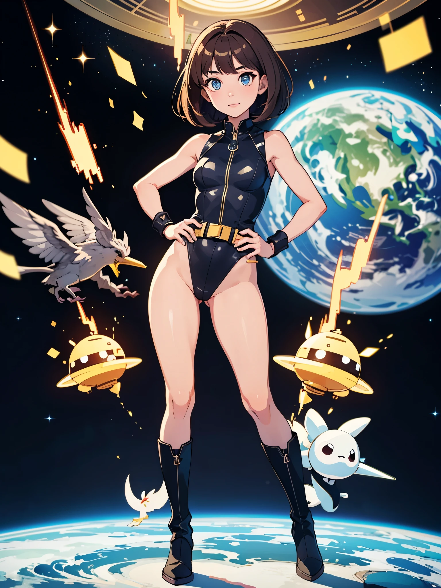 (((pixel-perfect, detail-perfect))), 1girl, superhero, leotard, highleg leotard, bare legs, boots, standing, solo focus, golden belt, hands on hip, full body shot, outer space, sleeveless, ultra highres, absurdres, beautiful face, detailed eyes, symmetric eyes, perfect body, good proportions, mature lady, brown hair, bob hair