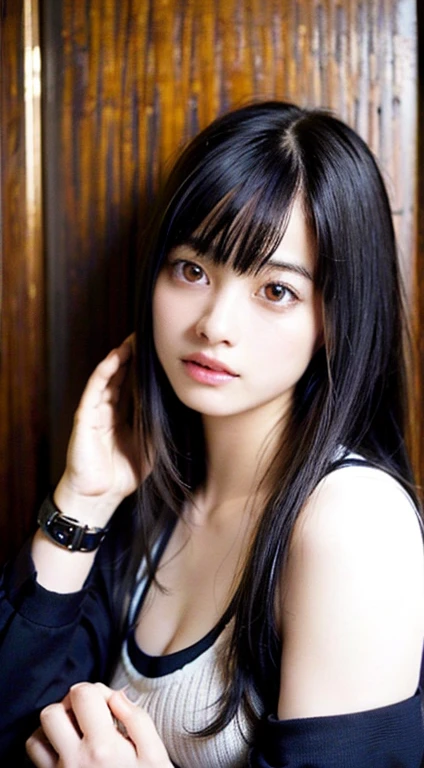 highest quality, masterpiece, ultra high resolution, (realistic: 1.4), RAW photo, 1 girl, black hair, Glossy skin, dramatic lighting, whole body, dj figure, black cut and sew