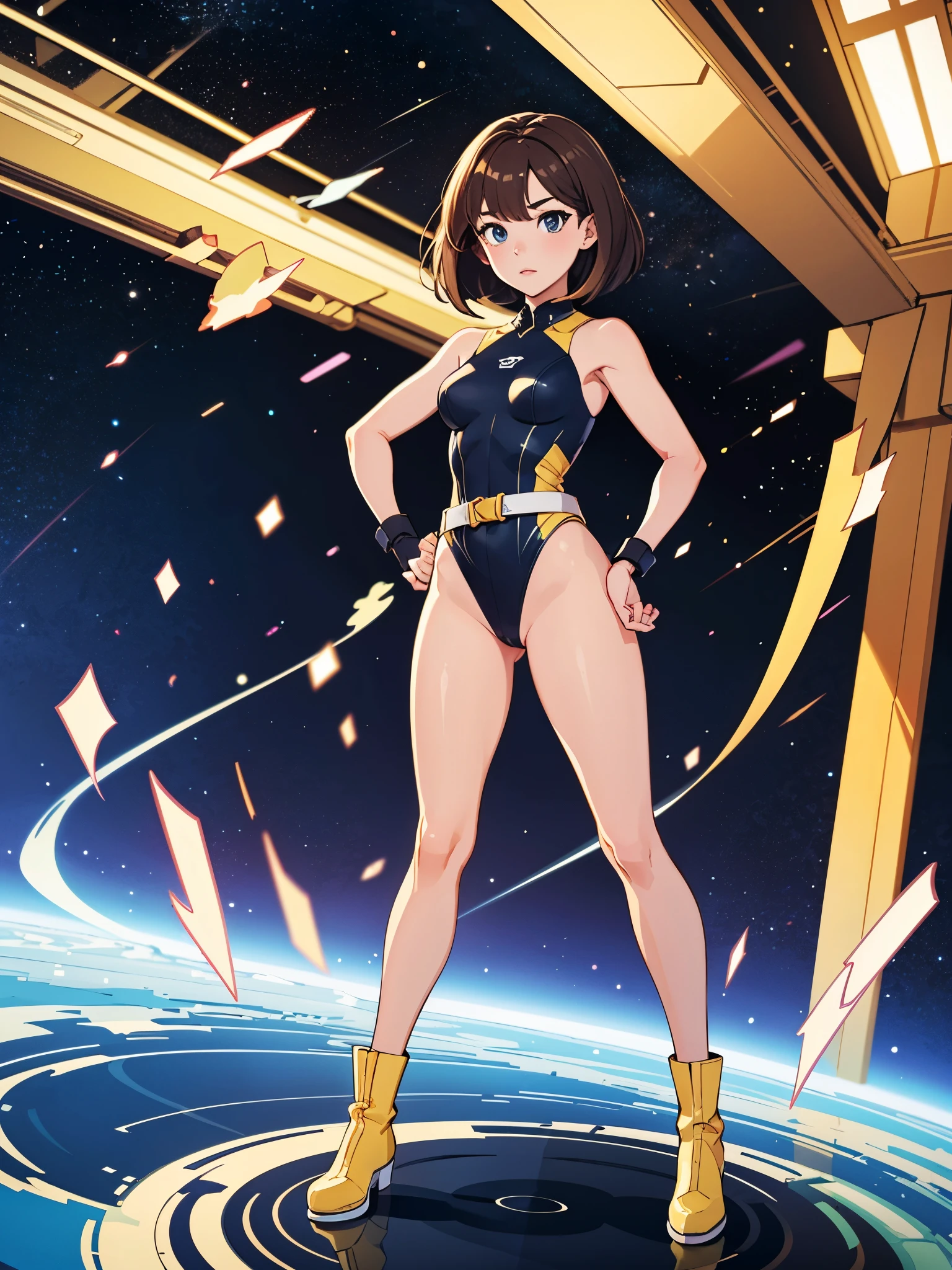 (((pixel-perfect, detail-perfect))), 1girl, superhero, leotard, highleg leotard, bare legs, boots, standing, solo focus, golden belt, hands on hip, full body shot, outer space, sleeveless, ultra highres, absurdres, beautiful face, detailed eyes, symmetric eyes, perfect body, good proportions, mature lady, brown hair, bob hair