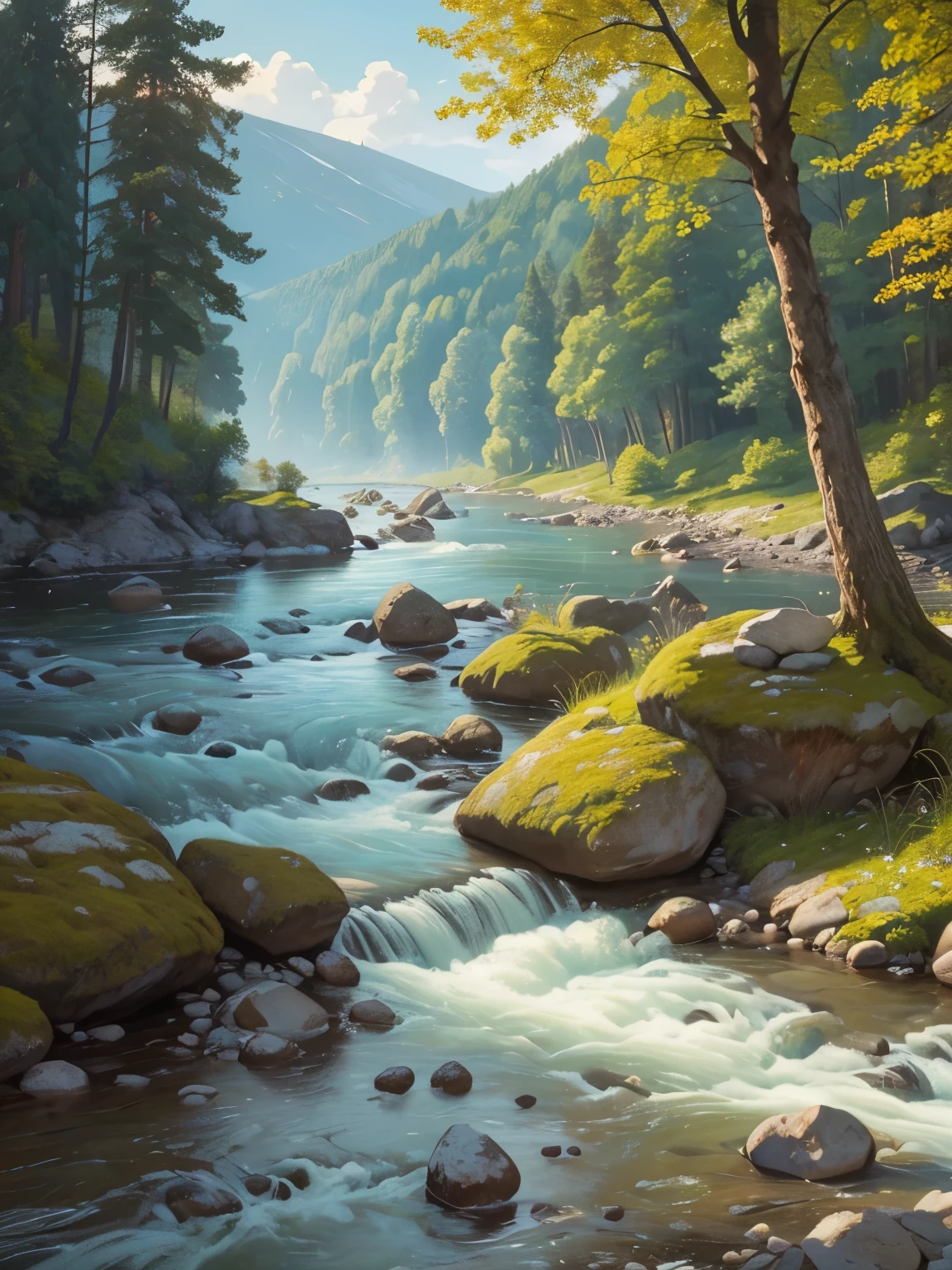 painting of a river with rocks and trees in the foreground, por Martinus Rørbye, por Adolf Hölzel, por Adolf Schrödter, by Karl Otto Götz, por Vilhelm Lundstrom, by Antón Otto Fischer, by Joseph von Führich, por Carl Eugen Keel, por Adolf Born, near a river