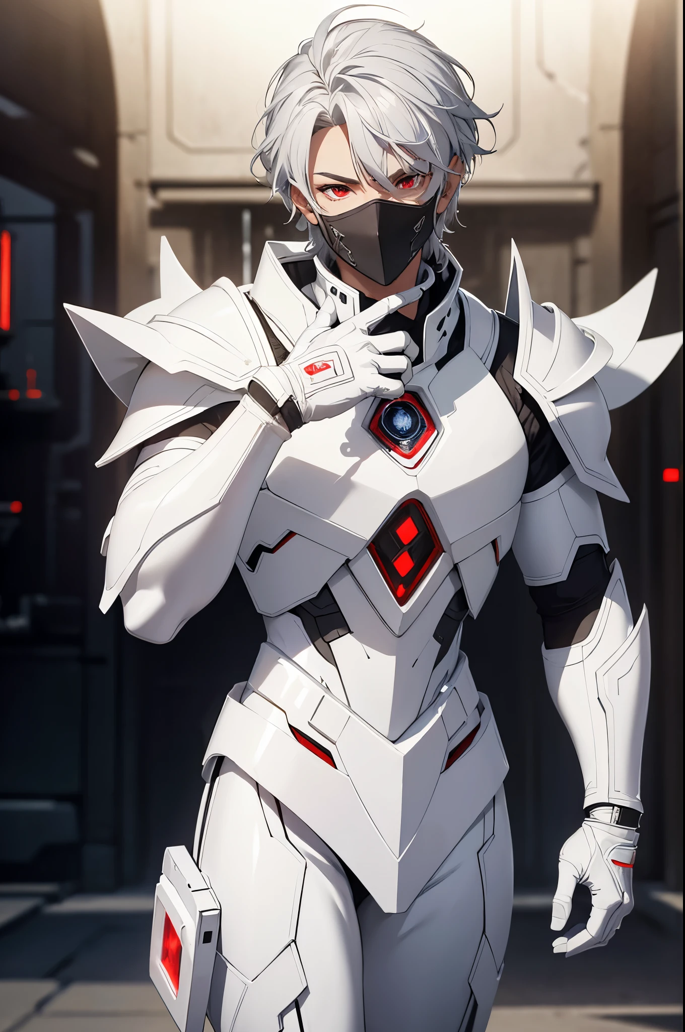 (masterpiece, Best Quality, absurdres, 8K resolution, HD wallpaper), cinematic lighting, raytracing, depth of field, Hyper Detailed, ((Solo Boy)), Handsome, libido boy, white silver hair, crystal red eyes, (((white armor, science fiction))), (((background desert))),(neonlight, Vibrant glow, Dynamic color, Vivid Contrast, shiny reflective surfaces), cowboy shot, looking at viewer, upper body, mask on face