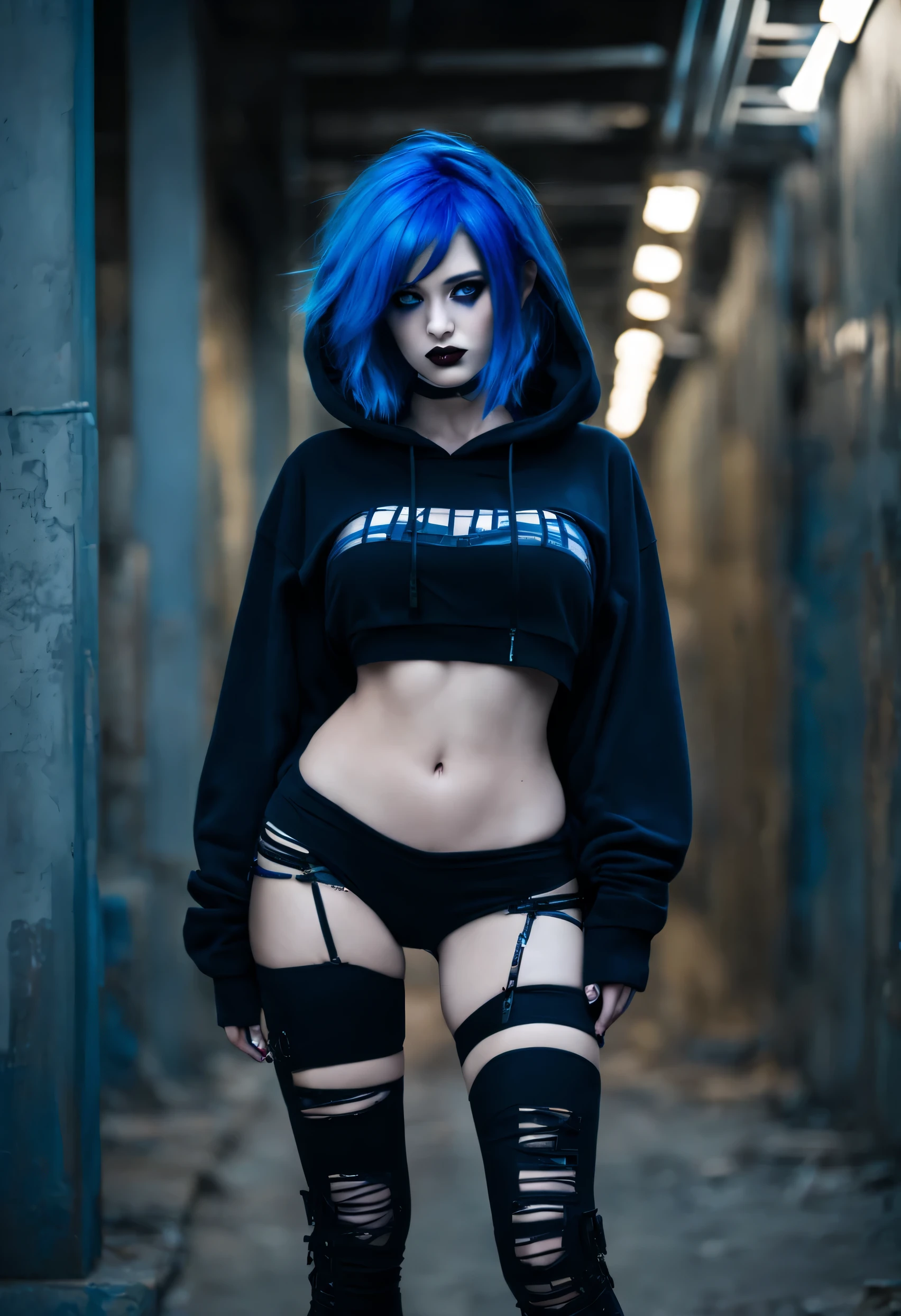 Beautiful, super busty, blue hair, blue lipstick, dystopian future, tattered hood, full body picture