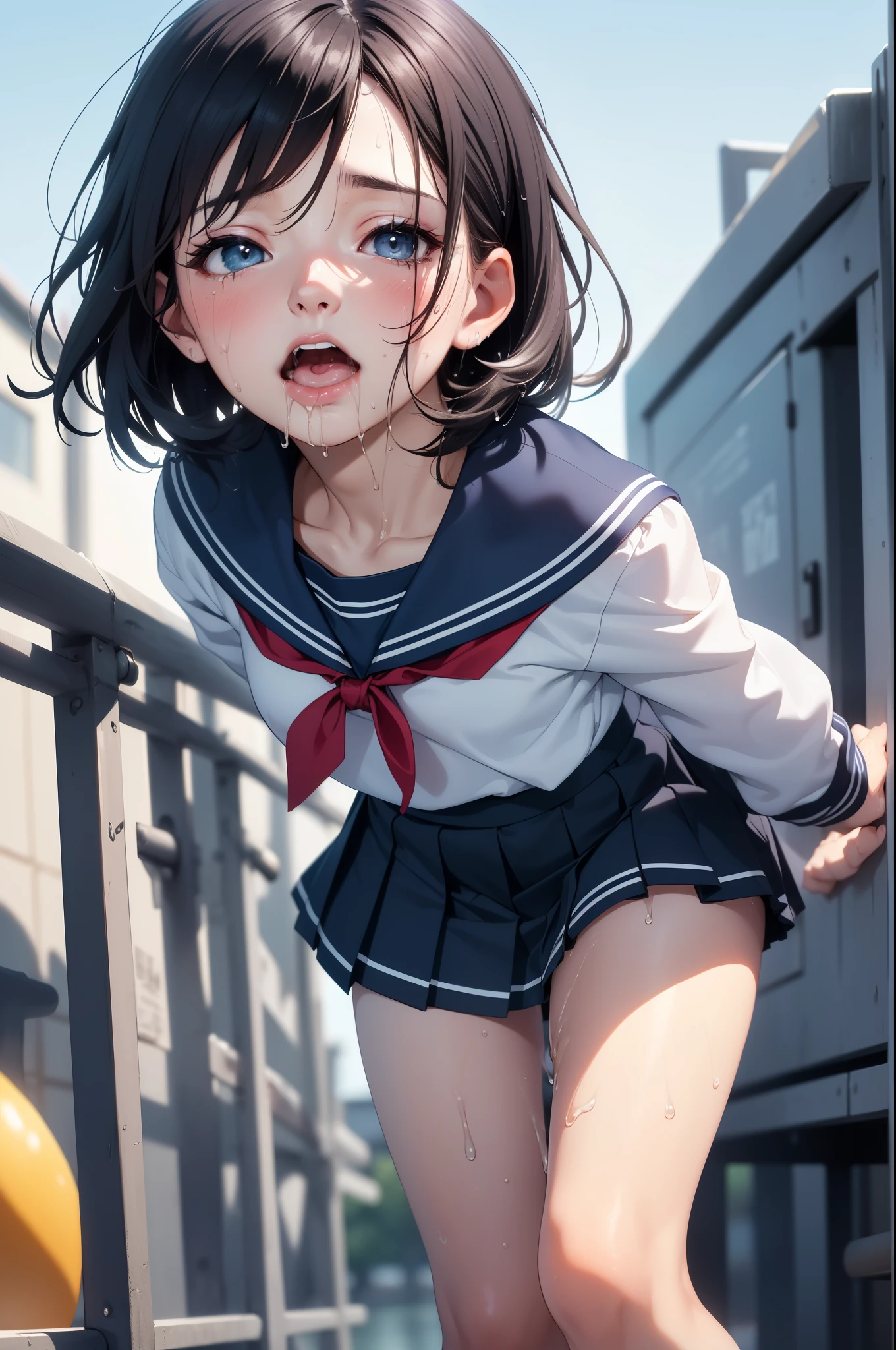 (Photorealistic:1.5), (​masterpiece、Highly detailed 8K CG、Sharp lines:1.2)、hi-school girl、A dark-haired、White panties、thighs thighs thighs thighs、Beautiful anime 、Smooth Anime CG Art、Beautiful anime 、Beautiful anime girl, 19-year-old beautiful girl, Detailed skin, gleaming skin、short-hair、Beautiful black hair、blue Eye、(many streaming sweat:1.6), smile, (flat chest:1.7), (Muscular thighs:1.6), (gaunt:1.6), (student clothes:1.2), (a sailor suit:1.4), (Dark blue pleated skirt:1.4), (full body:1.2), wet, solo, (one girl:1.4), (falling flat:1.5), from front , (from below:1.3), Inside the classroom, blush, (anguish:1.3), spread legs, (open mouth:1.2), (Clear drool overflows her mouth and drips from her chin:1.5), (Crossing her eyes:2.0), (upturned eyes:1.8),(closed eyes:1.2), (She's properly clothed:1.6), tears