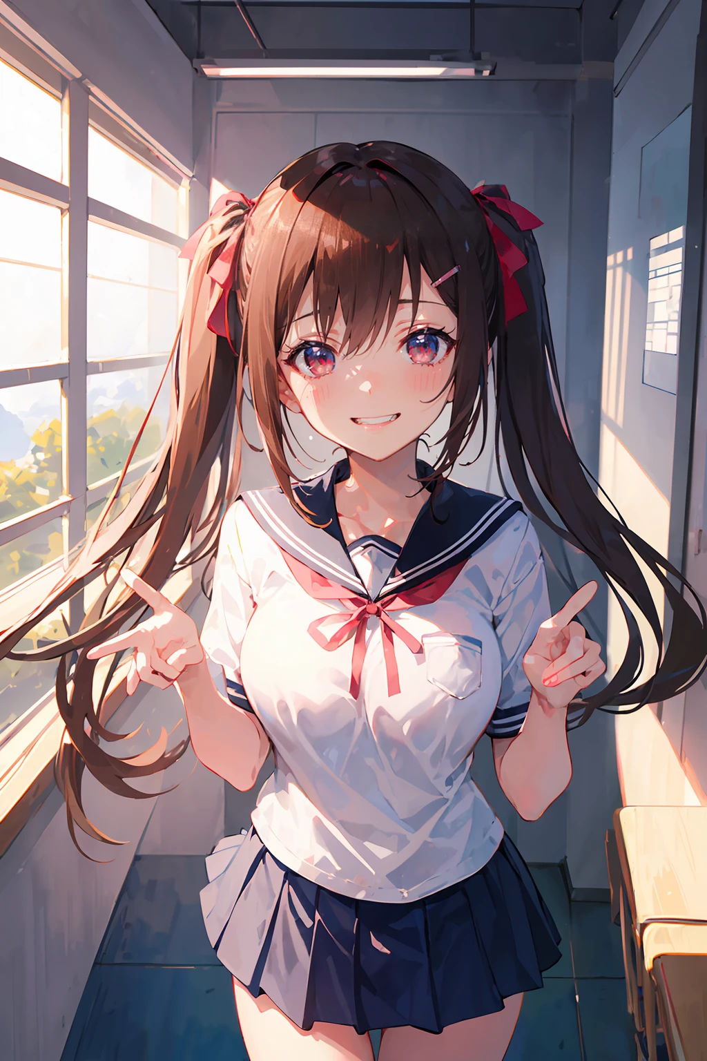 ((8K masterpiece,highest quality)), ultra high resolution, hyper detail, (1 girl), beautiful face, beautiful and delicate eyes,((red eyes)),Big eyes,shining eyes of light,Thin and long eyelashes,detailed light,((brown hair)),((long hair)), ((twin tails)),big breasts,school uniform,hair clip,hair ribbon,blitz short skirt,white knee high socks,light pink panties, Panty Pose, panty shot, (grinning smile),troubled face,(please open your mouth wide),(classroom),stand in the center of the screen,blue sky with clouds, Nice views, rainbow in the sky, particles of light, daytime, sunbeam,gust of wind,sense of speed, cowboy shot