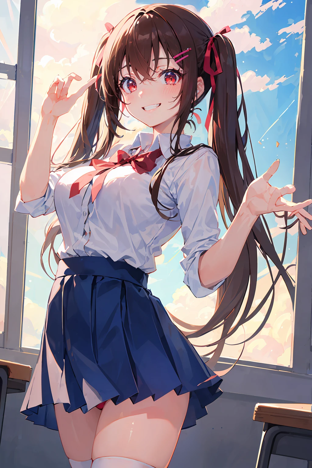 ((8K masterpiece,highest quality)), ultra high resolution, hyper detail, (1 girl), beautiful face, beautiful and delicate eyes,((red eyes)),Big eyes,shining eyes of light,Thin and long eyelashes,detailed light,((brown hair)),((long hair)), ((twin tails)),big breasts,school uniform,hair clip,hair ribbon,blitz short skirt,white knee high socks,light pink panties, Panty Pose, panty shot, (grinning smile),troubled face,(please open your mouth wide),(classroom),stand in the center of the screen,blue sky with clouds, Nice views, rainbow in the sky, particles of light, daytime, sunbeam,gust of wind,sense of speed, cowboy shot