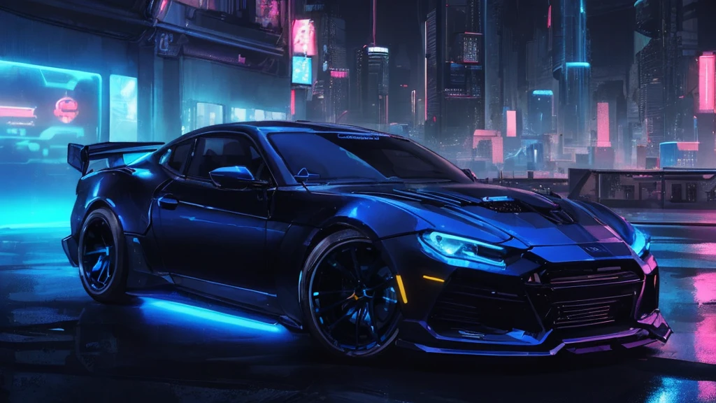 (sports car), (blue cyberpunk city, blue neon)