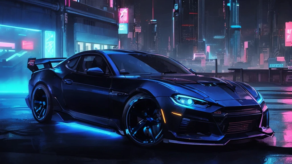 (sports car), (blue cyberpunk city, blue neon)