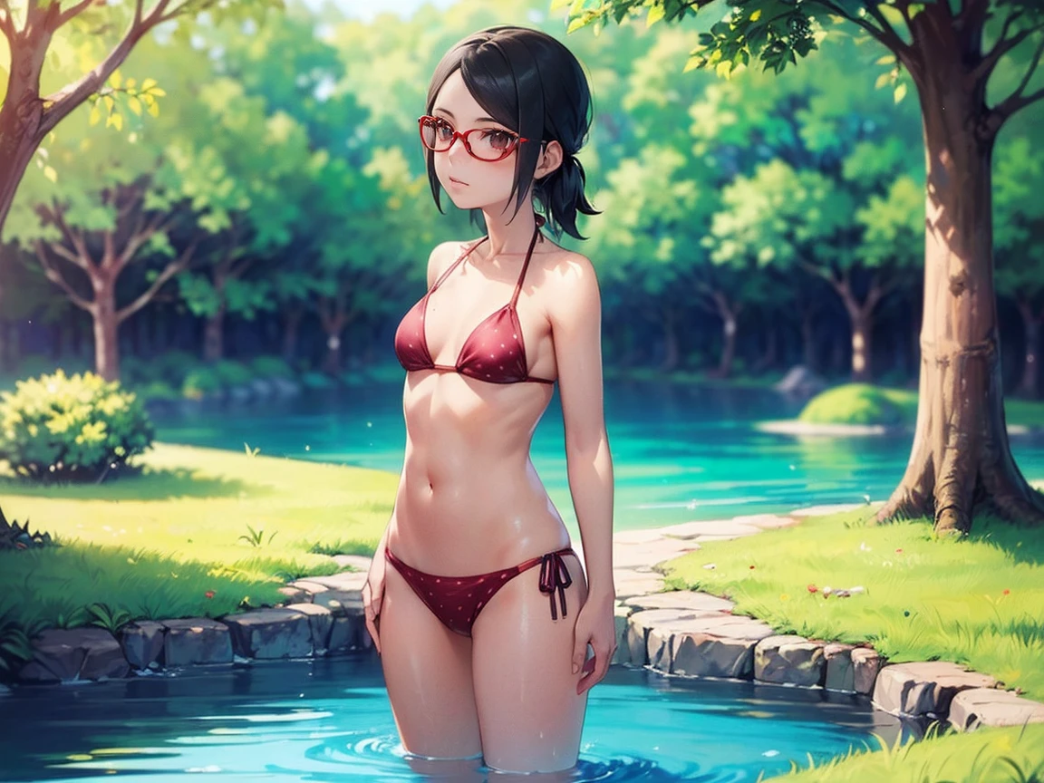 Sarada, (((Alone, fitness, Sarada Uchiha, Sozinha, cabelo curto, olhos escuros, small))) ,Eyeglasses, selva, red bikini, caminhando, ((artistic composition, de lado, artistic composition, boa qualidade, alta qualidade, qualidade detalhada, best quality, borboletas,olhos pretos, dug bikini,lagoa,crystal clear water)),(olhos pretos, artistic composition, super detalhada),(olhos delicados), usando batom rosa, cabelo preto curto,(corpo sarado, pele bronzeada, red polka dot bikini. standing under a tree. olhos detalhados. Bosque. de lado, marquinha de bronzeado, perspectiva lateral,(Uchiha Sarada, marquinha de bronzeado, Obra Prima,dia ensolarado)
