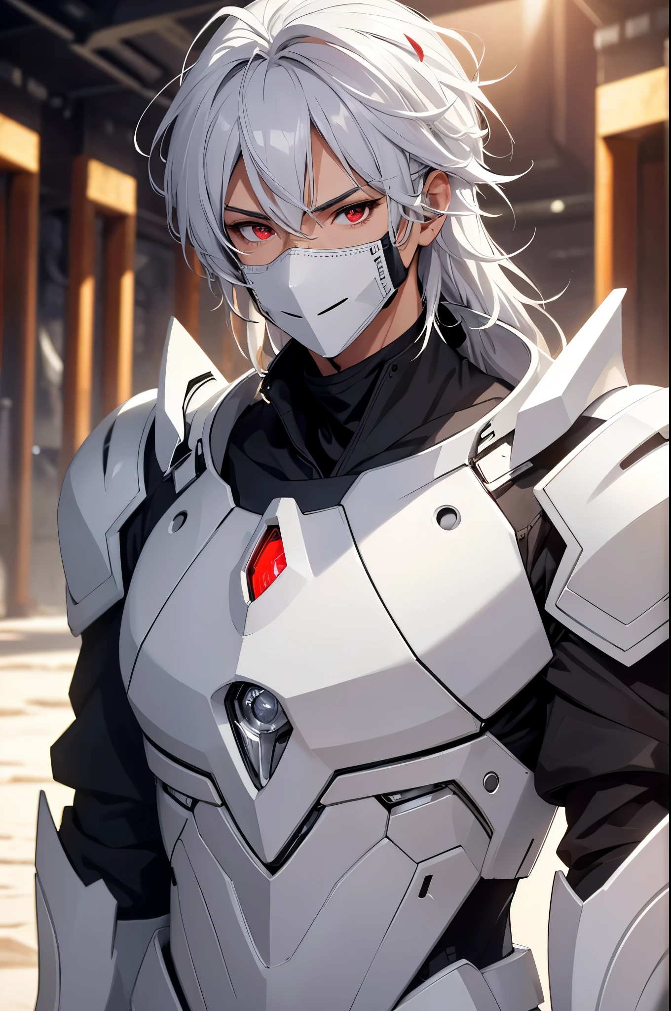 (masterpiece, Best Quality, absurdres, 8K resolution, HD wallpaper), cinematic lighting, raytracing, depth of field, Hyper Detailed, ((Solo Boy)), Handsome, libido boy, white silver hair, crystal red eyes, (((white armor, science fiction))), (((background desert))),（neonlight, Vibrant glow, Dynamic color, Vivid Contrast, shiny reflective surfaces), cowboy shot, looking at viewer, upper body, mask on face