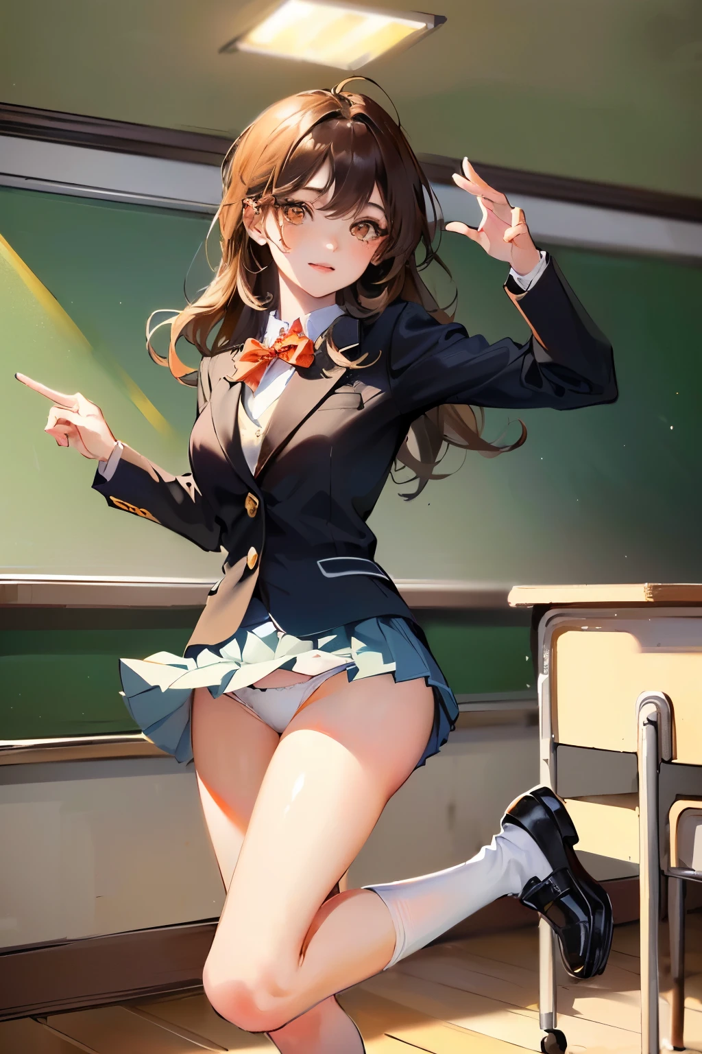(((((1girl))))), (((best quality))), ((((masterpiece)))), ((ultra-detailed)), (illustration), (detailed light), (an extremely delicate and beautiful), (beautiful detailed eyes), (sunlight), ((extremely light)),
((((school blazer and a pleated skirt)))),
school girl,
wavy medium hair, (((dark brown hair))), (((long hair))),
(((deep orange eyes))),
((whole body)), aged 14 to 17,
diamond, beautiful, ((extra elegant)), (((condescending expression))), (sexually mischievous smile), (((extra adorable))), (((extra slender shape))),
(((jumping upk in the classroom with a leg up))),
(((exposed silky white panties))),
(((extraordinarily thin thighs))),
(((mat white ankle socks))),