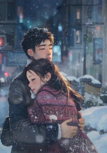 A couple embracing in the snow with a city backdrop, creating a romantic scene. The woman has beautiful detailed eyes and lips, while the man has extremely detailed eyes and face with long eyelashes. The artwork is created using oil painting medium, giving it a vivid and sharp focus. The scene is captured in the best quality, with a resolution of 8K, making it a masterpiece. The colors are vibrant and the lighting creates a warm and cozy atmosphere. The art style is inspired by Zhang Han, with elements of romance and passion. The image depicts a magical moment, with love and warmth emanating from the couple. (best quality, 8K, highres, masterpiece:1.2), romantic, snow, city, couple, embracing, detailed eyes and lips, oil painting, vivid colors, warm lighting.