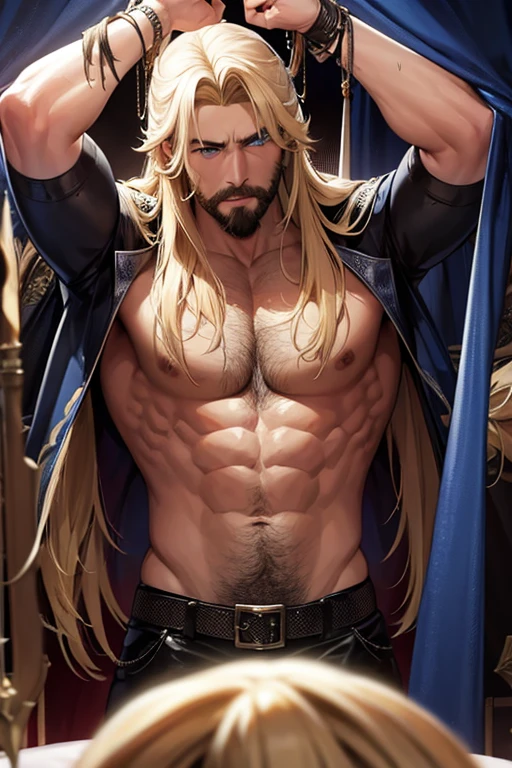 A muscular blonde haired man with blue eyes and long hair and a dark beard is helping take down a Gothic circus tent in worn clothes