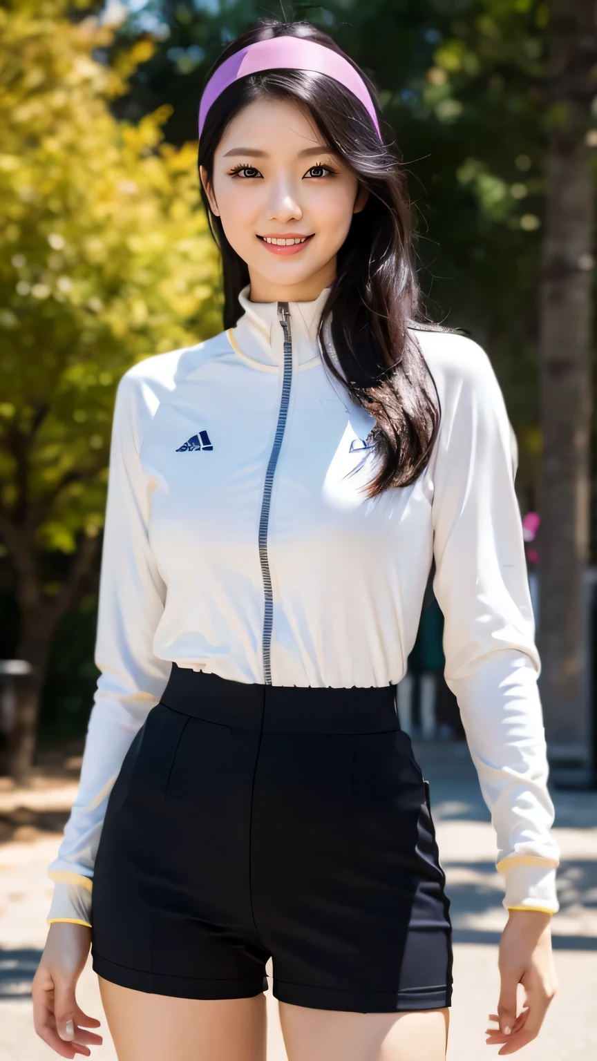 masterpiece, black hair, pure background, beautiful, elegant. Ultra-fine details, masterpieces, realistic textures, realistic cinematic lighting, perfect work, 8k, HD, delicate facial features, (Image from thighs to head), large breast, Goldenrod tracksuit with a vibrant purple headband, Energetic smile, Sunset glow, Urban park with tall trees,