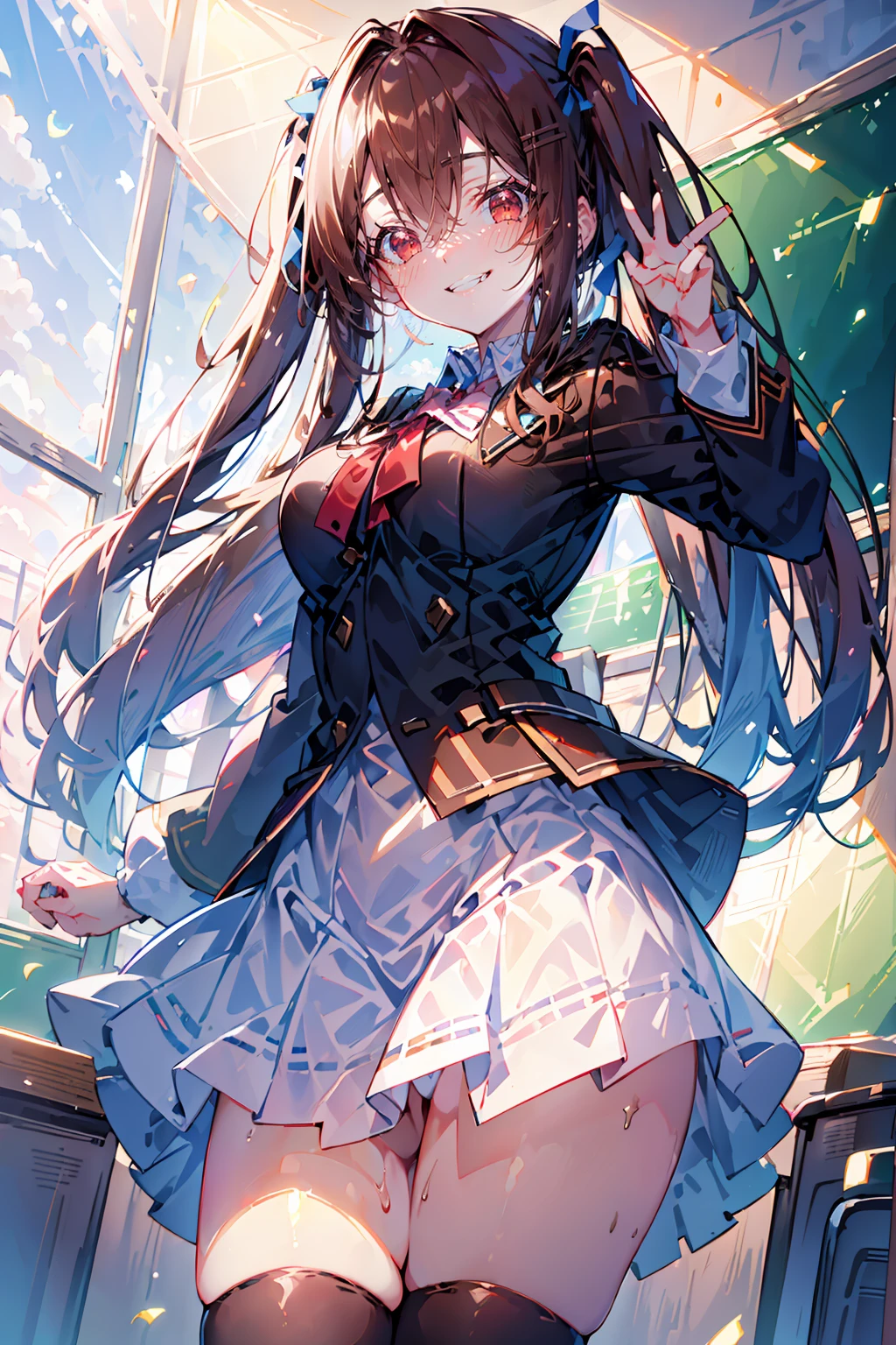 ((8K masterpiece,highest quality)), ultra high resolution, hyper detail, (1 girl), beautiful face, beautiful and delicate eyes,((red eyes)),Big eyes,shining eyes of light,Thin and long eyelashes,detailed light,((brown hair)),((long hair)), ((twin tails)),big breasts,school uniform,hair clip,hair ribbon,blitz short skirt,white knee high socks,light pink panties, Panty Pose, panty shot, (grinning smile),troubled face,(please open your mouth wide),(classroom),stand in the center of the screen,blue sky with clouds, Nice views, rainbow in the sky, particles of light, daytime, sunbeam,gust of wind,sense of speed, cowboy shot