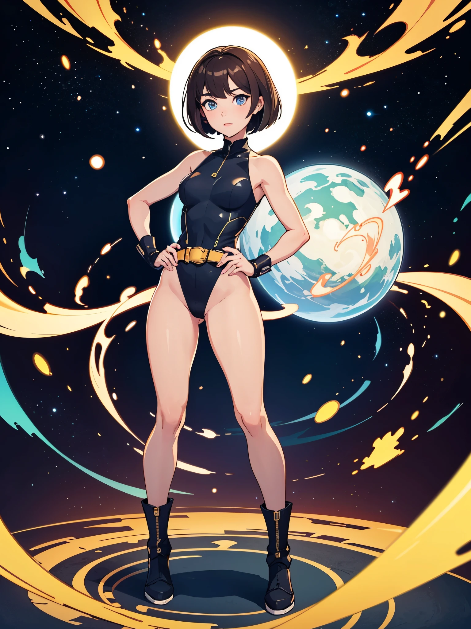 (((pixel-perfect, detail-perfect))), 1girl, superhero, leotard, highleg leotard, bare legs, boots, standing, solo focus, golden belt, hands on hip, full body shot, outer space, sleeveless, ultra highres, absurdres, beautiful face, detailed eyes, symmetric eyes, perfect body, good proportions, mature lady, brown hair, bob hair, light swirls around her body