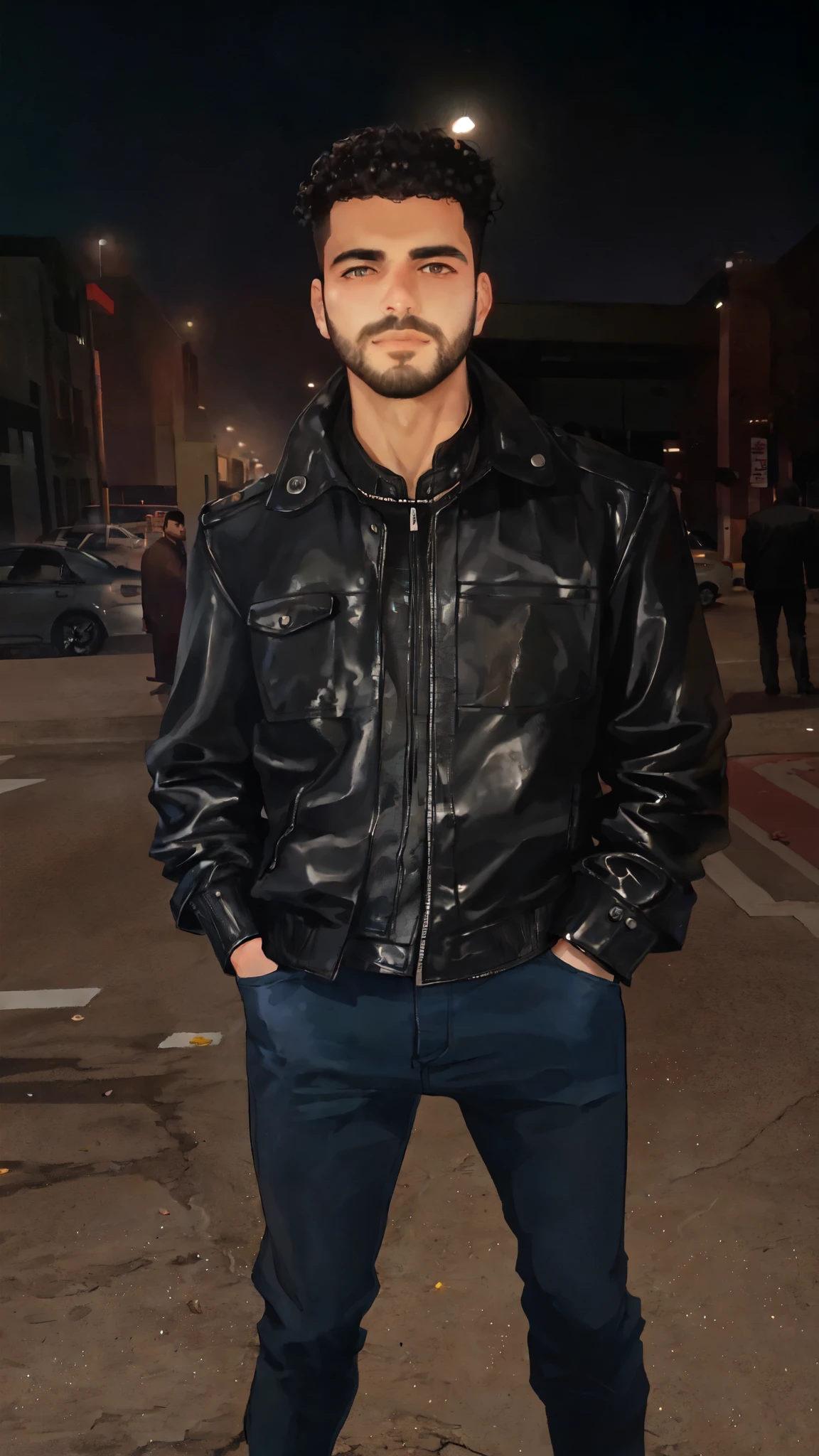 man in a black leather jacket standing in a parking lot, amr elshamy, leather, mohamed chahin, a man wearing a black jacket, wearing leather jacket, wearing jacket, leather jacket, ahmad merheb, leather jackets, emad mostaque, wearing a leather jacket, jacket, gopnik in a black leather jacket