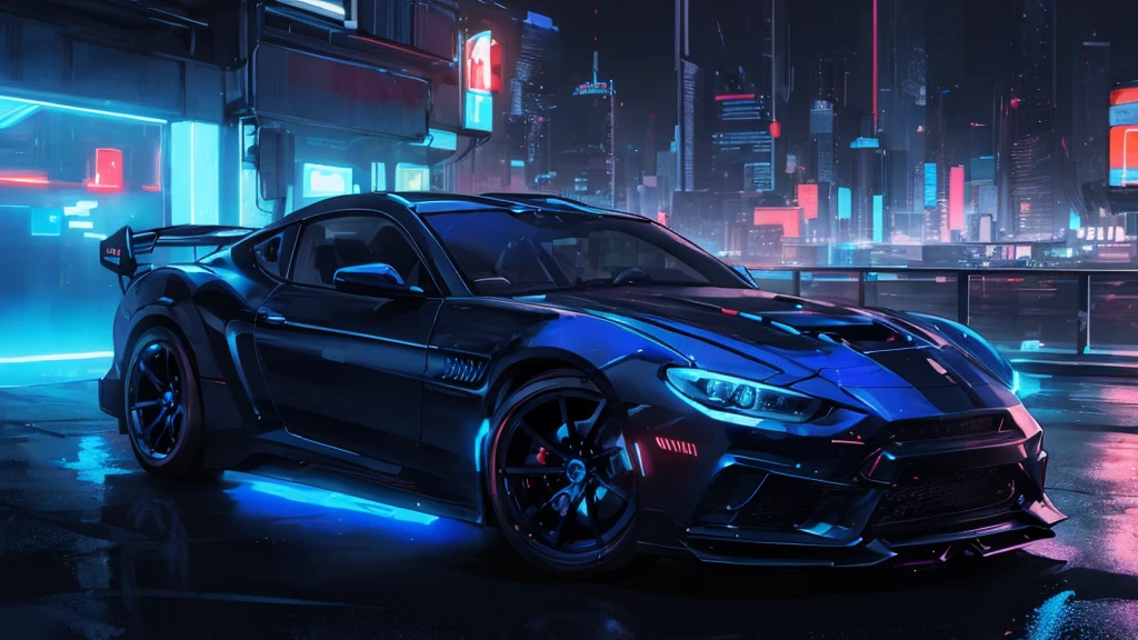 (sports car), (blue cyberpunk city, blue neon)