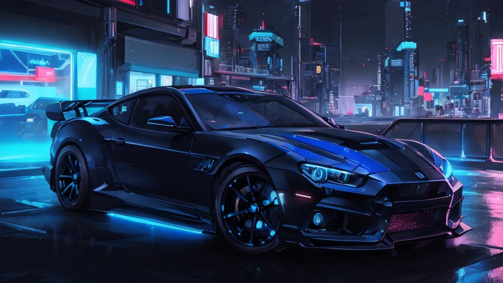 (sports car), (blue cyberpunk city, blue neon)