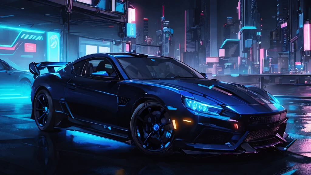 (sports car), (blue cyberpunk city, blue neon)