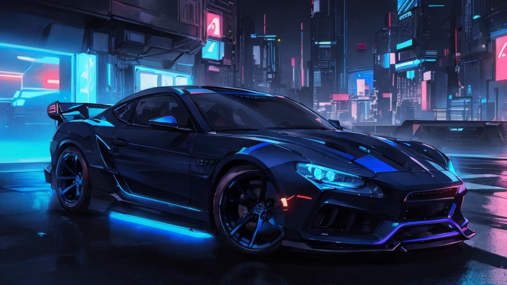 (sports car), (blue cyberpunk city, blue neon)