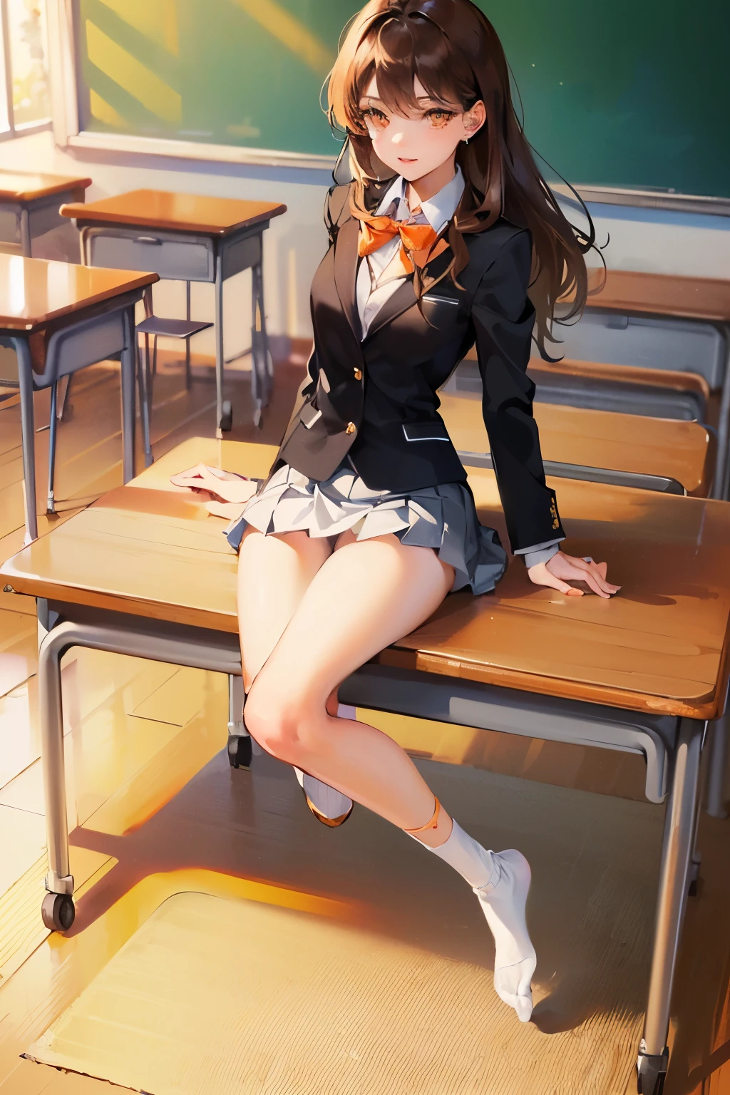 (((((1girl))))), (((best quality))), ((((masterpiece)))), ((ultra-detailed)), (illustration), (detailed light), (an extremely delicate and beautiful), (beautiful detailed eyes), (sunlight), ((extremely light)), 

((((school blazer and a pleated skirt)))),
school girl,

wavy medium hair, (((dark brown hair))), (((long hair))), 
(((deep orange eyes))), 

((whole body)), aged 14 to 17, 
diamond, beautiful, ((extra elegant)), (((condescending expression))), (sexually mischievous smile),  (((extra adorable))), (((extra slender shape))), 

(((jumping up in the classroom))),
(((exposed silky white panties))),

(((extraordinarily thin thighs))), 
(((mat white ankle socks))),