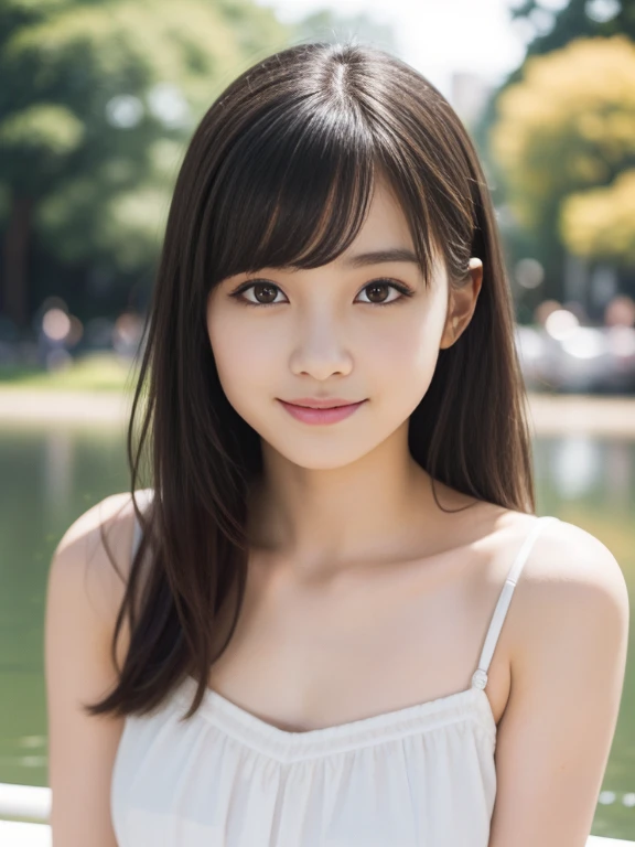 1 young girl, very beautiful, (Super cute), (Highly detailed beautiful face), wonderful face and eyes, black haired, brown eyes, drooling eyes、No makeup、(camisole dress) , (highest quality:1.4), (super detailed), Highly detailed CG integrated 8k wallpaper, surreal, (Photoreal:1.3), Raw photo, professional photos, cinematic lighting, realistic portrait, (:1.3), ((Bokeh)), Depth of bounds written, looking here、************、(Inokashira Park、Inokashira Pond、boat)、Full body Esbian、smile a little、beautiful feet、85ｍM Prime Lens f1.2