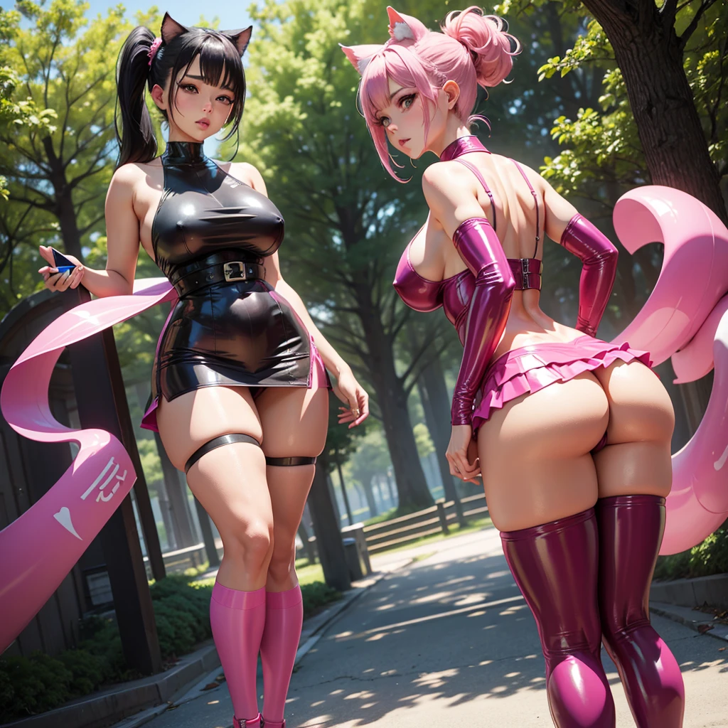Beautiful girl, pink ponytail hair, pink latex skirt, pink latex top, park, Sakura, big breasts, big ass, Slim waist, pink stockings, pink shoes, big heel, cute kitty ears