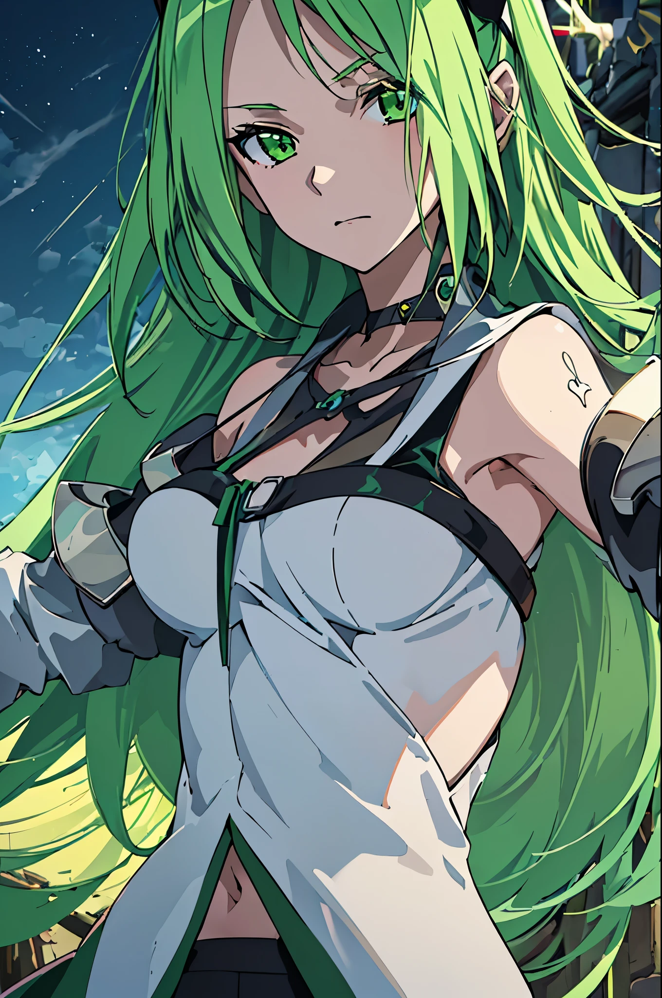 masterpiece, best quality, ((1girl)), (colorful), (finely detailed beautiful eyes and detailed face),cinematic lighting,body shot,extremely detailed CG unity 8k wallpaper, sky, cloudy_sky, building, moonlight, moon, night, (dark theme:1.3), light, fantasy, ((green Eyes)) (((green Hair))) ((Mischievous)) ((1girl))