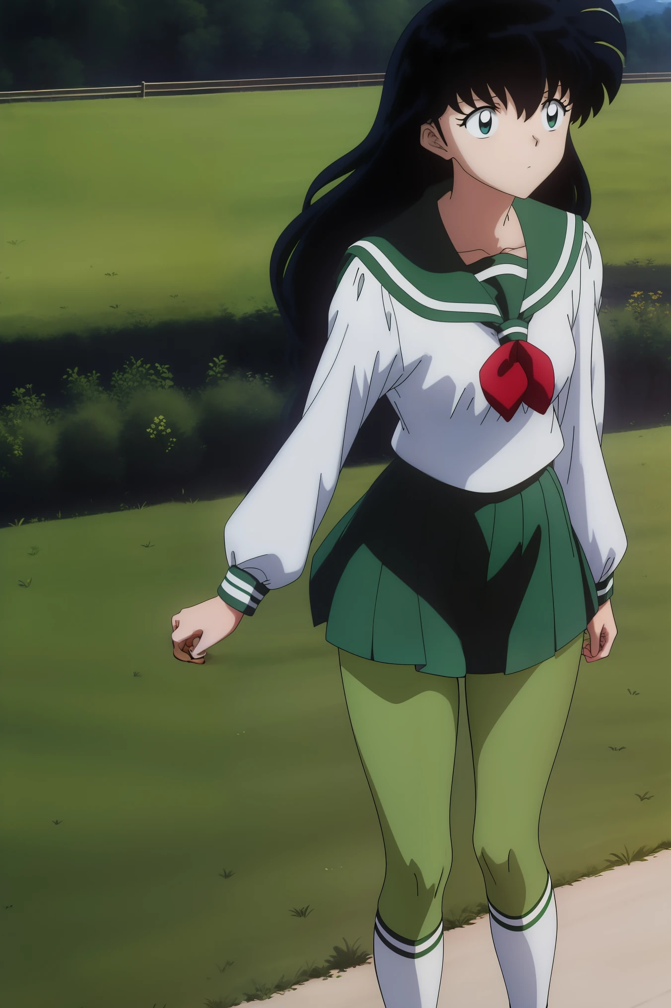 (Masterpiece: 1.6, Best Quality), (Fine Beautiful Eyes: 1.2), (best quality, masterpiece, highres), kagome higurashi, 1girl, solo, green school uniform, soft thighs , long sleeves, white socks, scenery , Best Quality, ((anime)) ((Colored)) HD, ,Standing, Green skirt, Red scarf, long hair, Black hair between the eyes, Thighs are soft, school background , green pantyhose