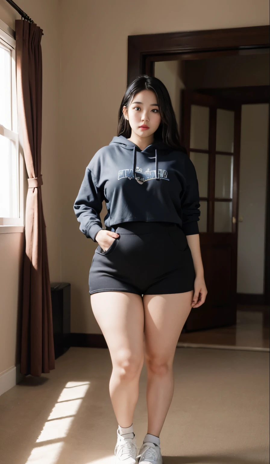 ((best quality)), ((masterpiece)), (detailed), perfect face, a woman in a dark-blue hoodie and long skirt random posing for a picture, bbwchan, thick body, thicc, she has a jiggly fat round belly, korean girl, curvy model, beautiful thick female, thick, heonhwa choe, widest hips, skinny waist and thick hips, alluring plus sized model, thick thighs, nene tanaka body, nene tanaka face. Bbwchan, full body view, wearing a red sneaker, small breast, woman in proportions body, big eye, big cheeks 