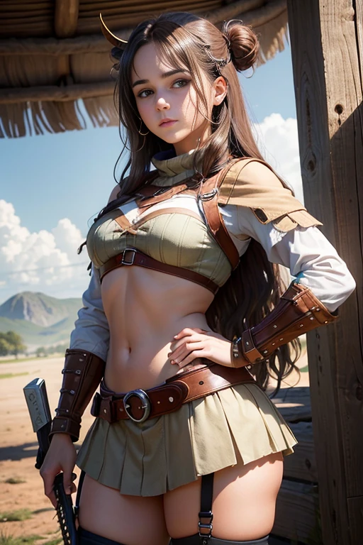 (Obra maestra, La mejor calidad) young 18 year old woman, Cabello largo, ojos azules, cabello rubio, brown hair, tenencia, boca cerrada, Parte superior del cuerpo, arma, trenza, al aire libre, tenencia arma, armadura vikinga, Profundidad de campo, realista.