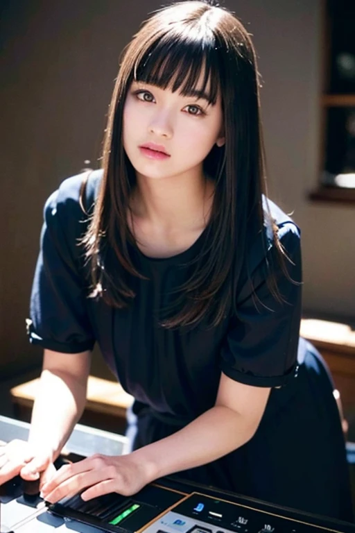 highest quality, masterpiece, ultra high resolution, (realistic: 1.4), RAW photo, 1 girl, black hair, Glossy skin, dramatic lighting, whole body, dj figure, black cut and sew