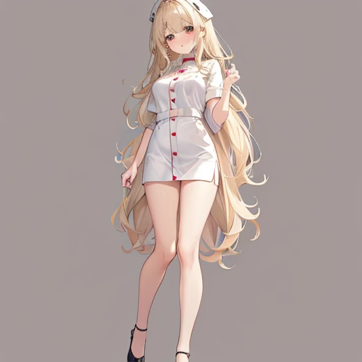 muste piece, best quality, 1 female, beige hair:1.5、long wavy hair、side swept bangs、solo、Wearing sexy nurse clothes、{{one tone background、 background:1.8}}、Full body Esbian、bulging chest、Call girl with a bewitching smile、
