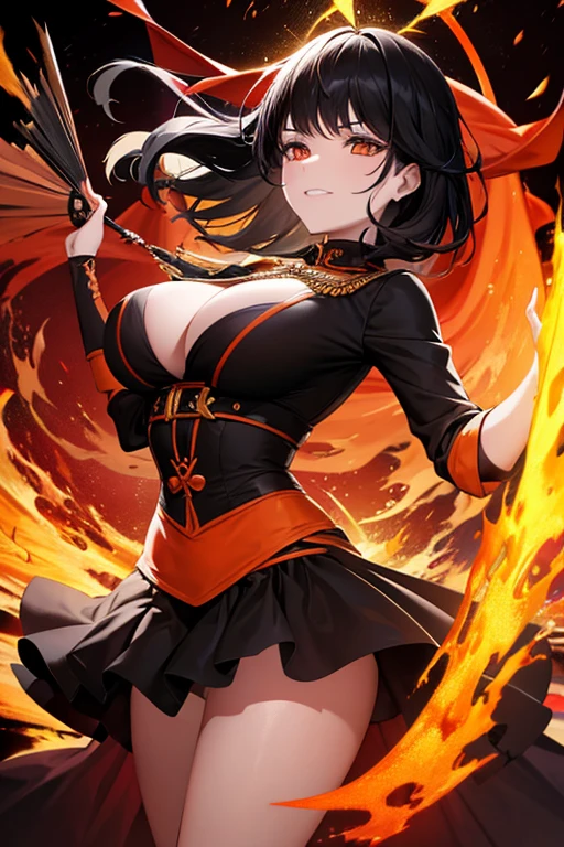 A black haired woman with orange eyes is juggling fire in a gothic circus tent in a sparkling outfit
