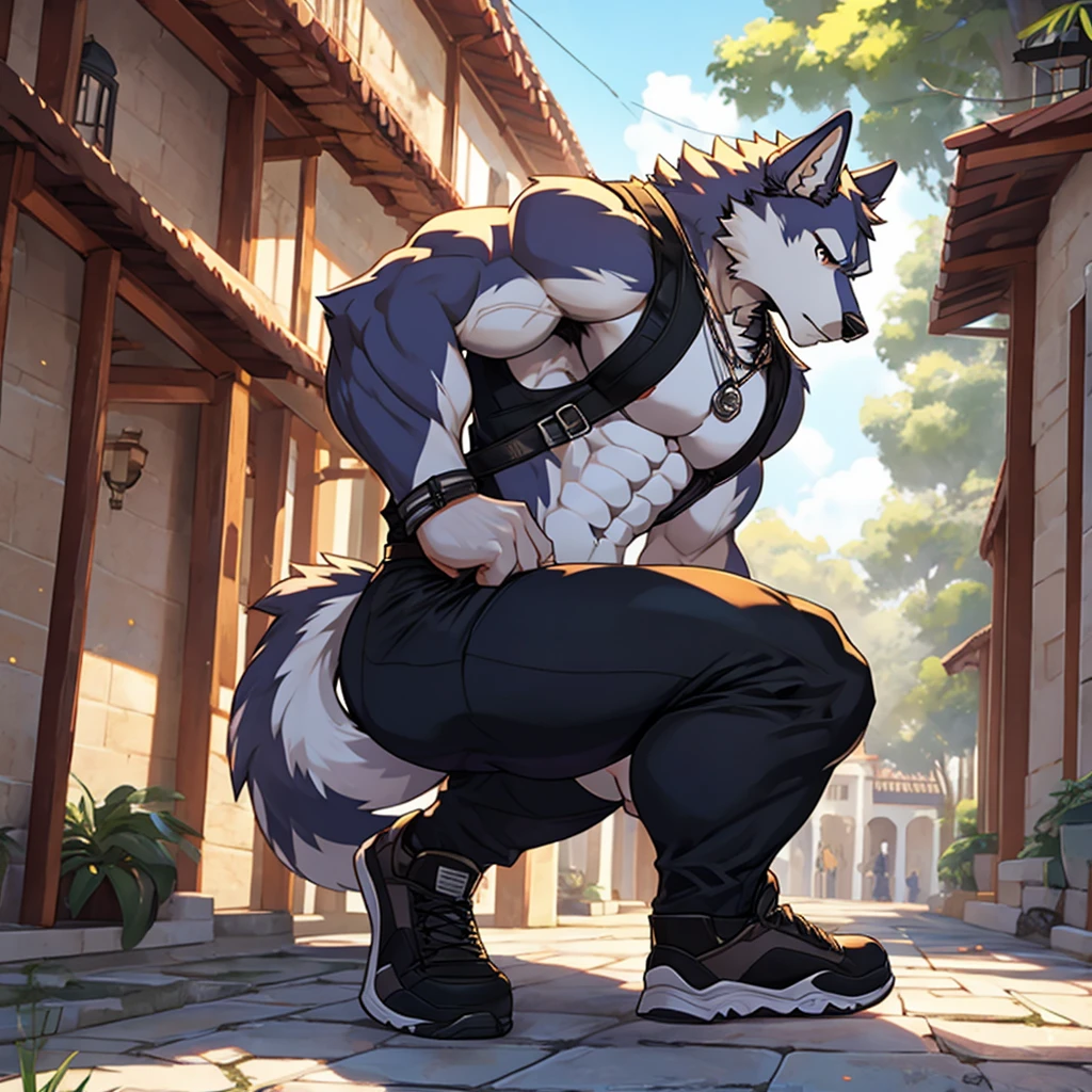 Un hombre husky musculoso usando unos leggings Blancos, haciendo sentadillas de espaldas mostrando su enorme trasero