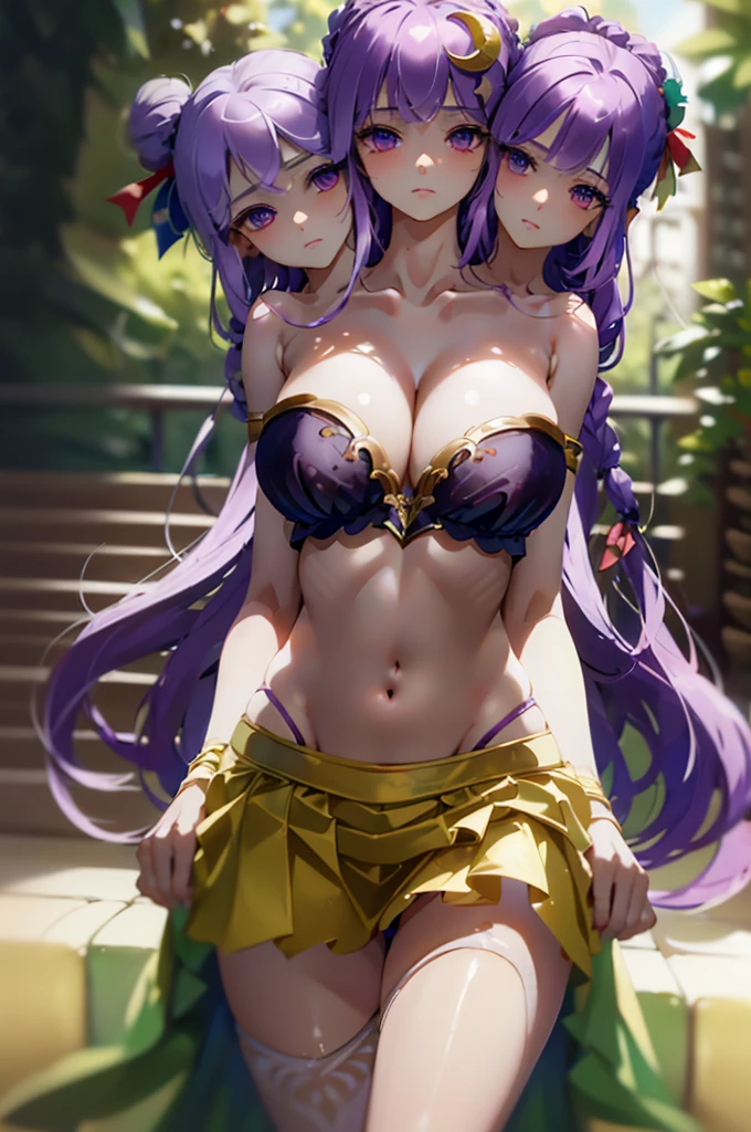 (masterpiece, best quality), best quality, (ultra-detailed), (3heads:1.5), 1girl, (patchouli knowledge:1.3), masterpiece, best quality, purple top, crop top, ((stomach)), midriff, ((groin)), vertical striped skirt, normal ears, shackles, purple hair, very long hair, wavy hair, sidelocks, green eyes, parted lips, single horn, sweat, cute, toned belly, hand on own chest, eyelashes, (24 year old woman:1.3), (masterpiece:1.5), (best quality:1.5), (beautiful detailed, extremely detailed CG, extremely delicate and beautiful, depth of field, (finely detailed face), (perfect details:1.2), (mature female:1.3), wide pelvis, slender, large veiny breast, 8k resolution, high quality, high definition, extremely detailed, masterpiece, purple hair, long hair, alluring presence, braid, short skirt, close up, big tits, young, crescent hat ornament, crescent, hair bow, bow,