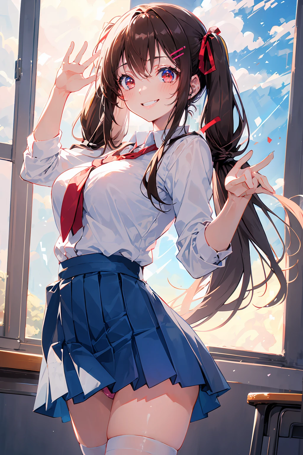((8K masterpiece,highest quality)), ultra high resolution, hyper detail, (1 girl), beautiful face, beautiful and delicate eyes,((red eyes)),Big eyes,shining eyes of light,Thin and long eyelashes,detailed light,((brown hair)),((long hair)), ((twin tails)),big breasts,school uniform,hair clip,hair ribbon,blitz short skirt,white knee high socks,light pink panties, Panty Pose, panty shot, (grinning smile),troubled face,(please open your mouth wide),(classroom),stand in the center of the screen,blue sky with clouds, Nice views, rainbow in the sky, particles of light, daytime, sunbeam,gust of wind,sense of speed, cowboy shot