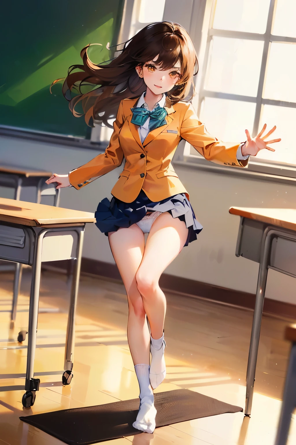 (((((1girl))))), (((best quality))), ((((masterpiece)))), ((ultra-detailed)), (illustration), (detailed light), (an extremely delicate and beautiful), (beautiful detailed eyes), (sunlight), ((extremely light)), 

((((school blazer and a pleated skirt)))),
school girl,

wavy medium hair, (((dark brown hair))), (((long hair))), 
(((deep orange eyes))), 

((whole body)), , 
diamond, beautiful, ((extra elegant)), (((condescending expression))), (sexually mischievous smile),  (((extra adorable))), (((extra slender shape))), 

(((jumping up in the classroom))),
(((exposed silky white panties))),

(((extraordinarily thin thighs))), 
(((mat white ankle socks))),