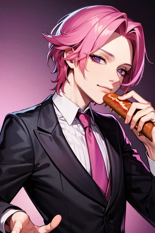 A handsome pink haired man with violet eyes is  presenting a hotdog at a Gothic circus
