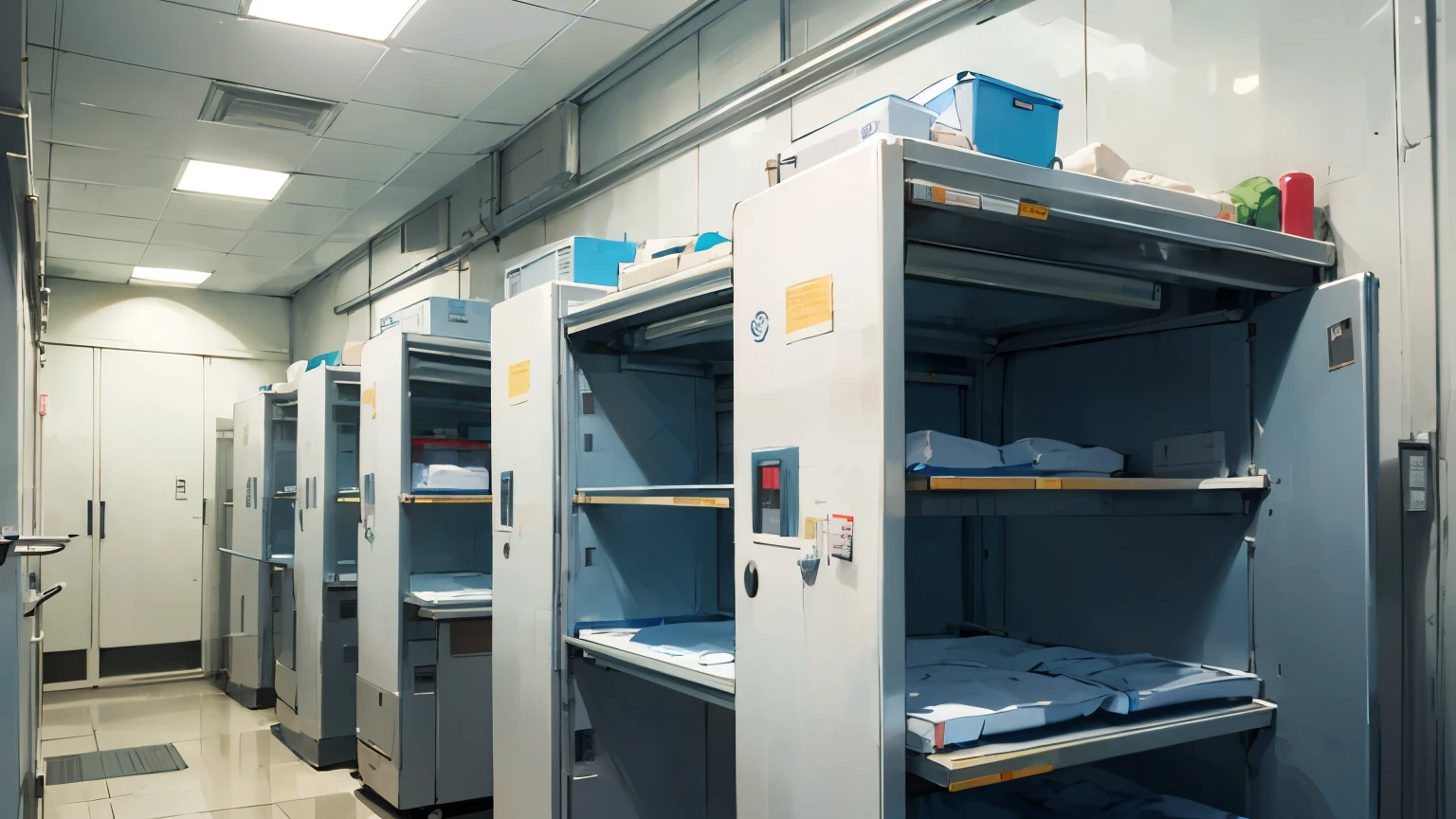 A row of freezers storing serum,serum storage room,Hospital,Two-dimensional style,Japanese animation style