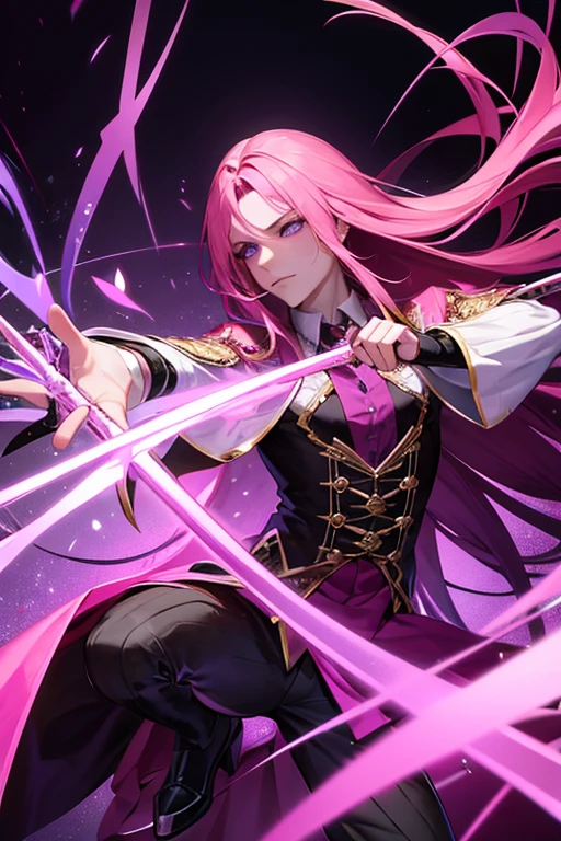 A handsome pink haired man with violet eyes with long hair is spinning swords at a Gothic circus in a fancy costume.