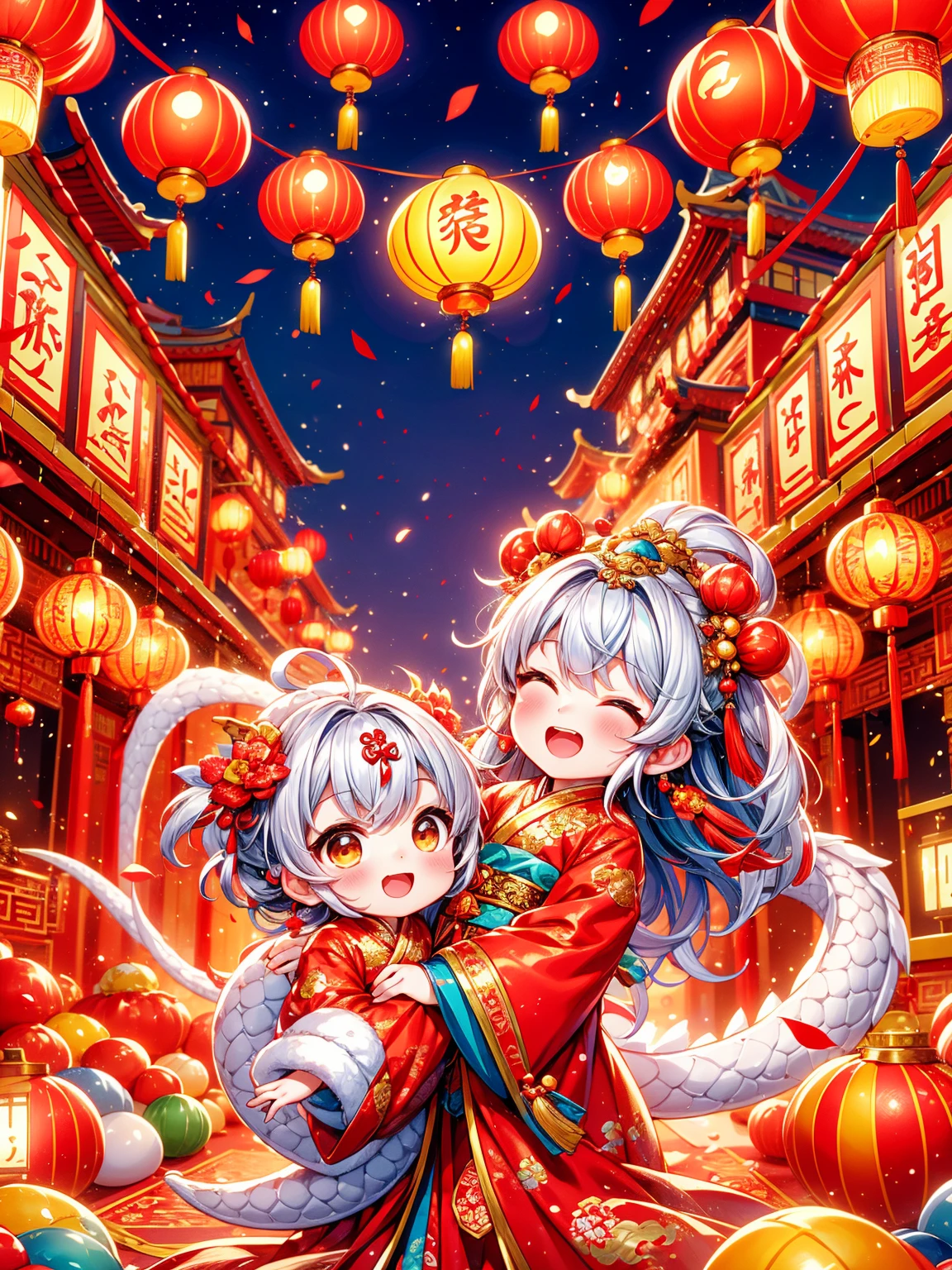 （Super fine，HD：1.2），Extremely cute toddler princess，Chinese dragon，Chinese New Year Celebration，firecrackerecrackers，red spring couplets，bright colors，traditional clothing，Joyful and peaceful atmosphere，lantern，auspicious symbols，dragon dance，Festive decorations，Lively crowd，Happy kids，Dynamic expressions，Fine dragon scales，The embroidery is exquisite，The pattern is fine，spinning dragon tail，Dynamic movements，Traditional music，Rhythm drum beat，Laughter，Gold ornaments，Auspicious red，Bustling street，Excitement in the air，明亮的lantern，Energetic energy，cultural heritage，festive atmosphere，Traditional customs，prosperity and good luck，A vibrant celebration，heartwarming reunion