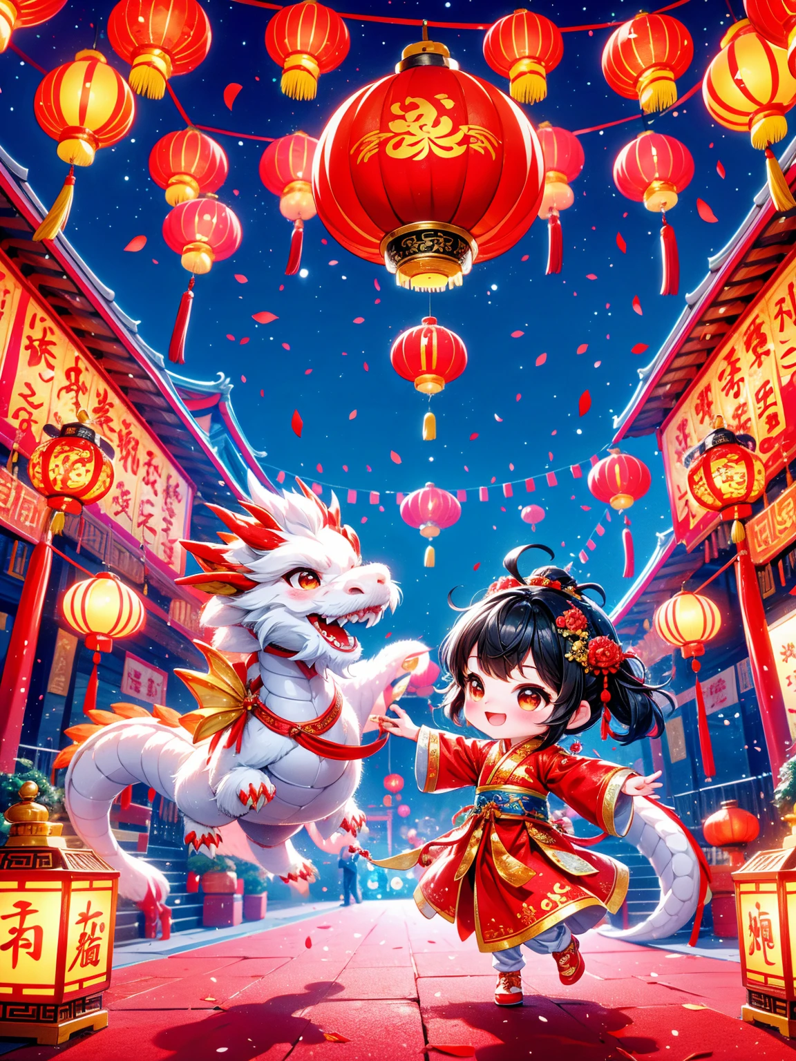 （Super fine，HD：1.2），Extremely cute ddler princess，Chinese dragon，Chinese New Year Celebration，firecrackerecrackers，red spring couplets，bright colors，traditional clothing，Joyful and peaceful atmosphere，lantern，auspicious symbols，dragon dance，Festive decorations，Lively crowd，Happy kids，Dynamic expressions，Fine dragon scales，The embroidery is exquisite，The pattern is fine，spinning dragon tail，Dynamic movements，Traditional music，Rhythm drum beat，Laughter，Gold ornaments，Auspicious red，Bustling street，Excitement in the air，明亮的lantern，Energetic energy，cultural heritage，festive atmosphere，Traditional customs，prosperity and good luck，A vibrant celebration，heartwarming reunion