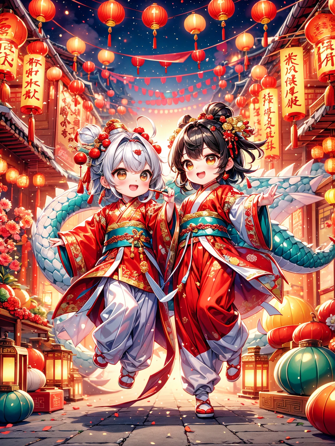 （Super fine，HD：1.2），Extremely cute ddler princess，Chinese dragon，Chinese New Year Celebration，firecrackerecrackers，red spring couplets，bright colors，traditional clothing，Joyful and peaceful atmosphere，lantern，auspicious symbols，dragon dance，Festive decorations，Lively crowd，Happy kids，Dynamic expressions，Fine dragon scales，The embroidery is exquisite，The pattern is fine，spinning dragon tail，Dynamic movements，Traditional music，Rhythm drum beat，Laughter，Gold ornaments，Auspicious red，Bustling street，Excitement in the air，明亮的lantern，Energetic energy，cultural heritage，festive atmosphere，Traditional customs，prosperity and good luck，A vibrant celebration，heartwarming reunion